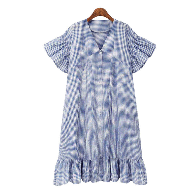 Gingham Dress Summer Loose Plaid Casual Single-Breasted Short Sleeve Dress Midi Dress