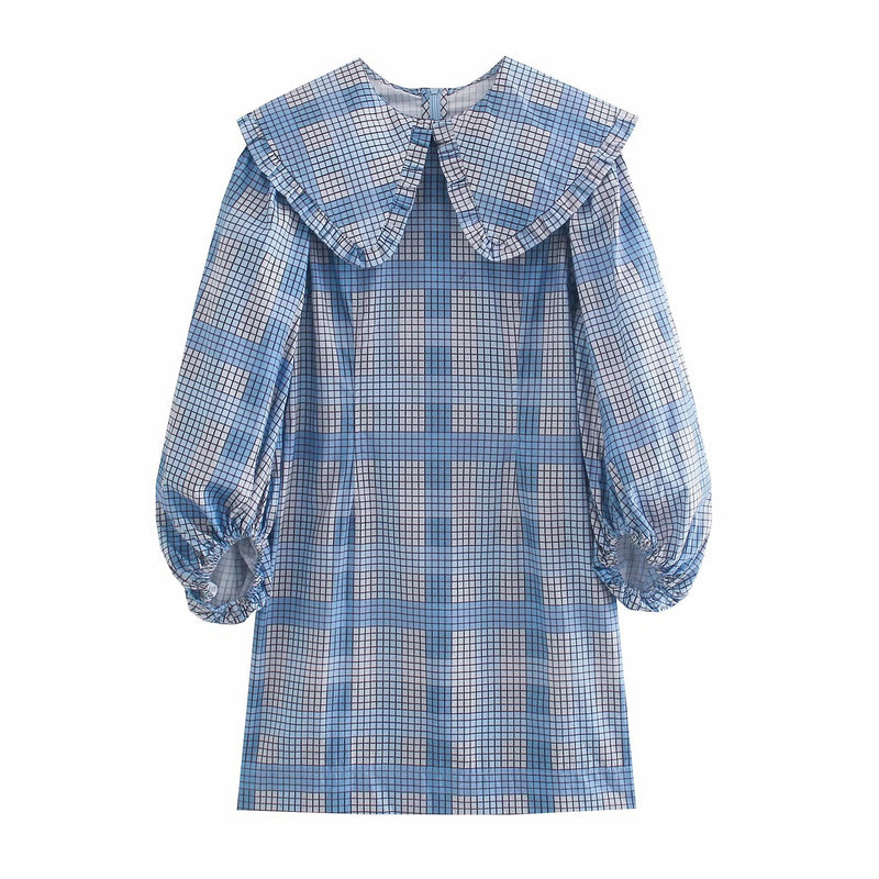 Women Fall Fall Plaid Color-Matching Dress Doll Collar Lantern Sleeve Skirt