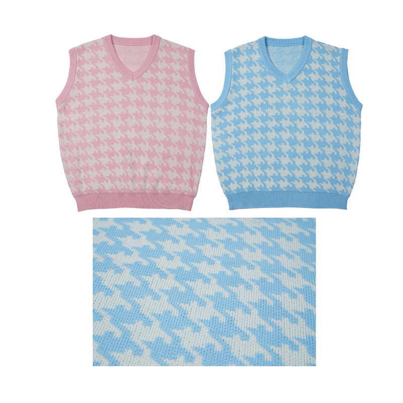 Mens Fall Outfits Vintage Plaid Knitted Vest Man Loose Couple Pullover Sleeveless Sweater