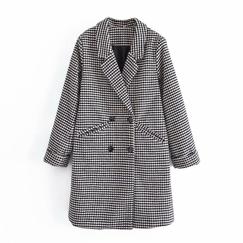 Women Fall Outfits Autumn And Winter Houndstooth Coat Double-Breasted Long Coat