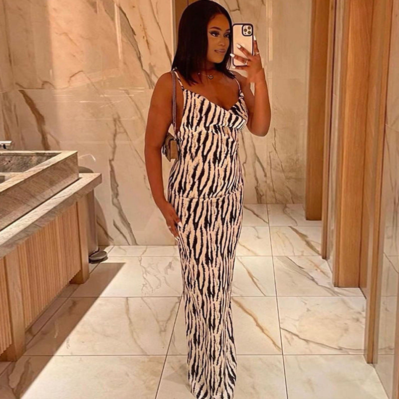 Victoria Beckham Dresses Women's Summer Fashion Printed V-neck Backless Strap Dress