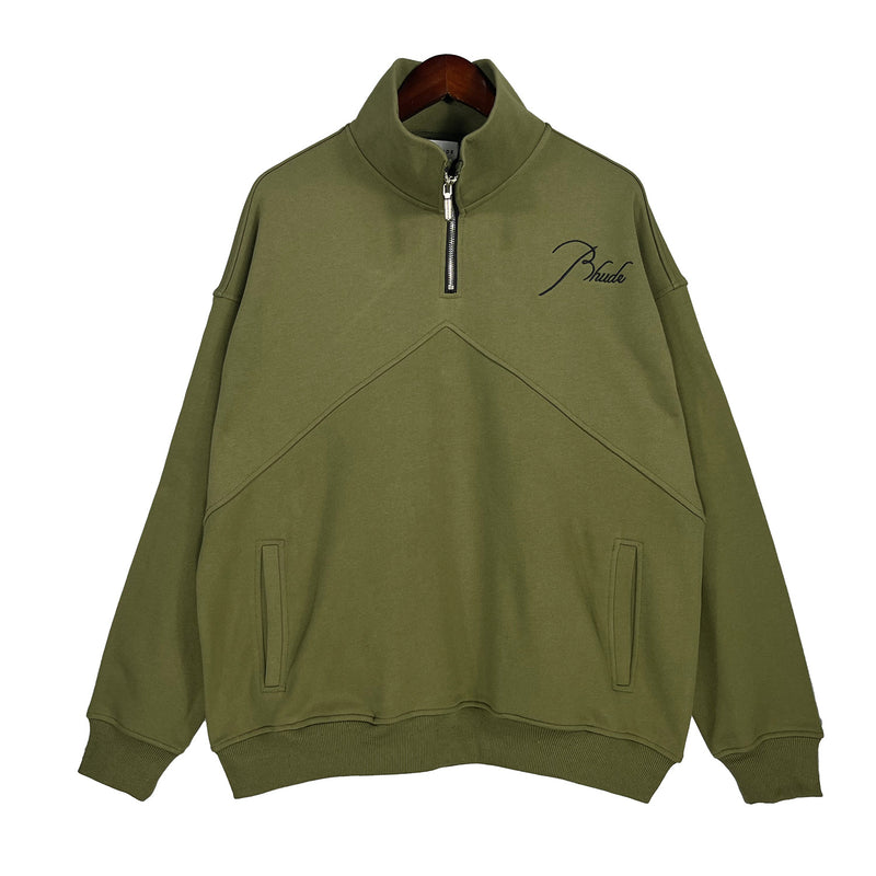 Rhude Hoodie Stand Collar Zipper Embroidery Stitching Sweater for Men and Women Autumn and Winter