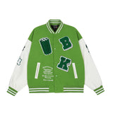 Green Varsity Jacket PU Leather Stitching Jacket Men's Hip Hop Contrast Color Towel Embroidery Baseball Uniform Jacket