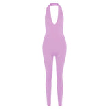 Fall Women's Clothing Sexy Backless Halter Sleeveless V-neck Hip Lifting Sport Jumpsuit