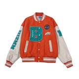 Orange Varsity Jacket Machine Embroidery PU Leather Stitching Baseball Uniform Spring and Autumn Coat Men's and Women's Jacket