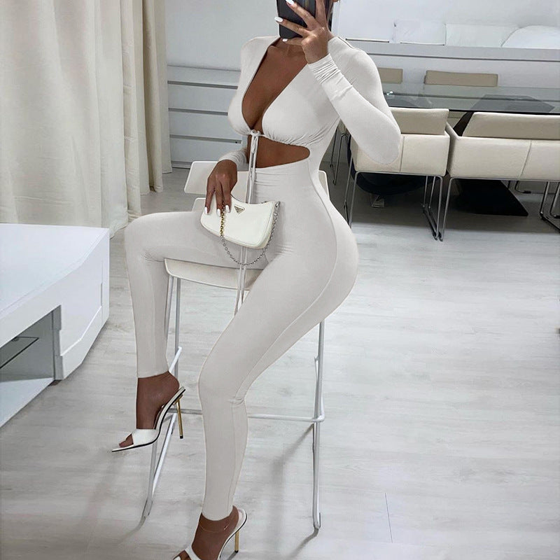 Summer Pure Color Tight Sexy Lace-up Tight Trousers Jumpsuit