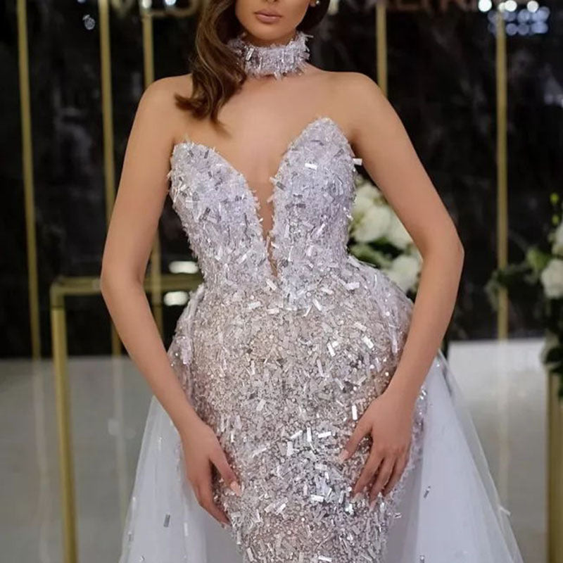 Bohemian Chic Wedding Guest Dress Sequined Fishtail V-neck Sleeveless Long Elegant Banquet Evening Dress