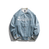 Baby Blue Varsity Jacket Autumn Baseball Uniform Letter Embroidered Striped Top for Men
