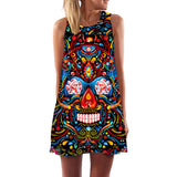 Skull Dress Summer Women'S Dress Small Floral Skull 3d Digital Printed Round Neck