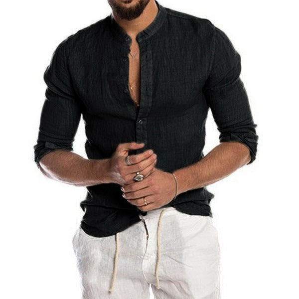 Sweat Wicking Shirt Autumn and Winter V-neck Linen Cardigan Stand Collar Long Sleeve Men's Shirt