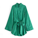 Women Fall Fall Satin Print Flare Sleeve Waist Belt Dress