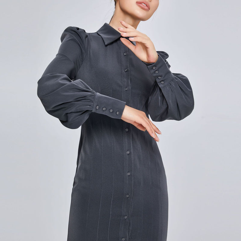 Women Spring Dress Lantern Sleeve Waist Trimming Shirt Dress