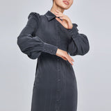 Women Spring Dress Lantern Sleeve Waist Trimming Shirt Dress