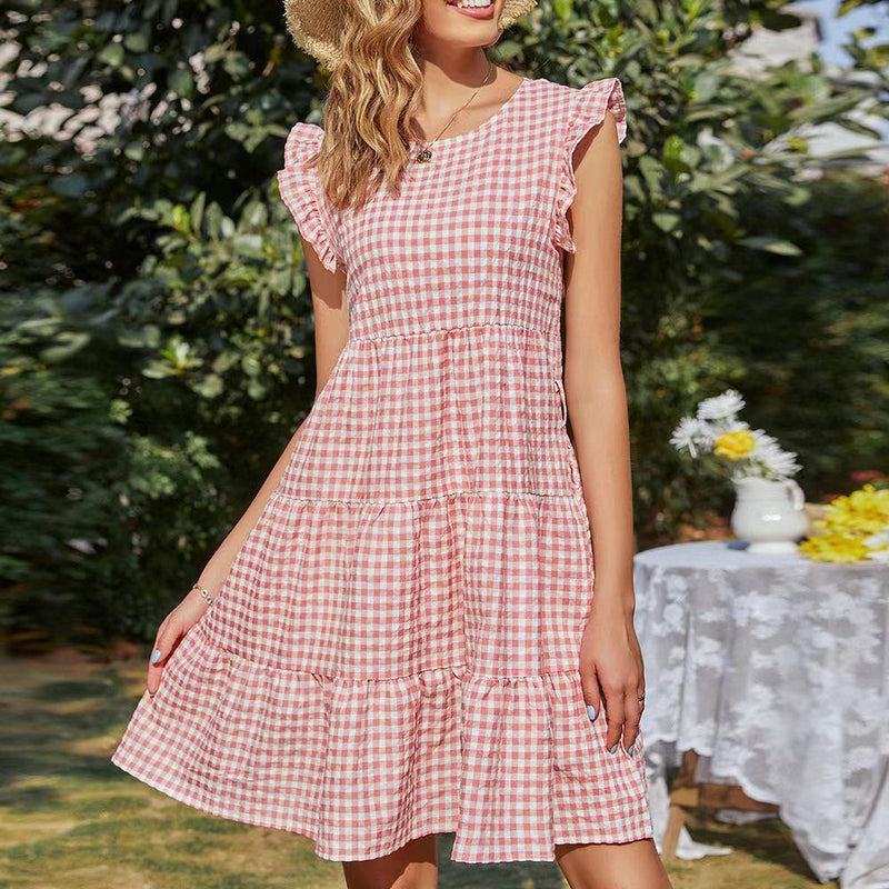 Gingham Dress Women's Summer round Neck Plaid Flying Sleeves Midi Dress