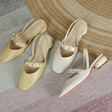Nude Block Heels Closed Toe Spring Pump Pearl Women's Shoes
