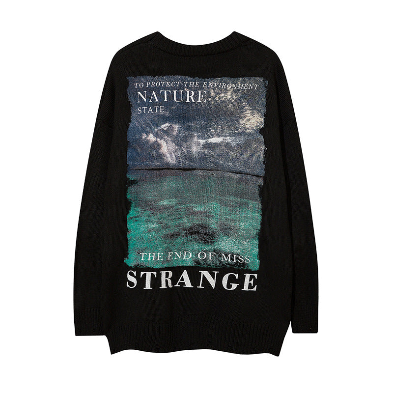 Mens Fall Outfits Loose Sweater Men's West Coast Hip Hop Print Sweater