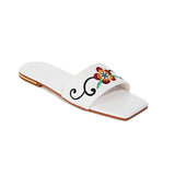 Flat Dress Sandals Low Heel Embroidered Flower Cutout Square Toe Sandals