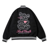 Mens Fall Outfits Couple Baseball Jacket Leopard Pattern Bear Stitching Embroidery Street Loose Sports Jacket Men