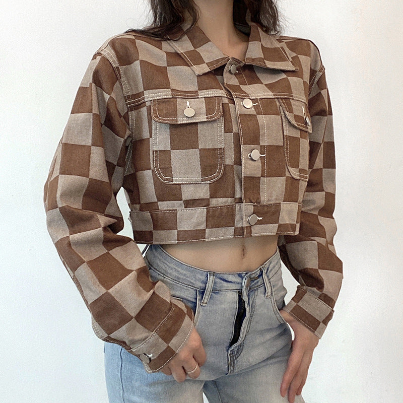 Brown Cropped Varsity Jacket Lapel Short Jacket