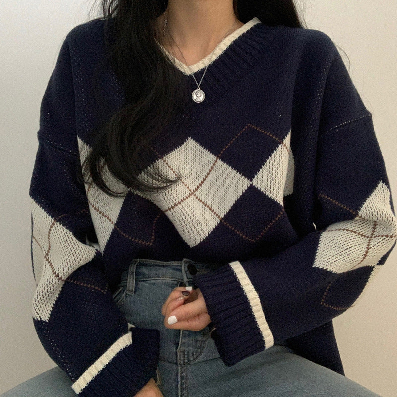 Preppy Aesthetic Sweater Female Fashion V-neck Pullover Sweater Sweet and Loose Casual
