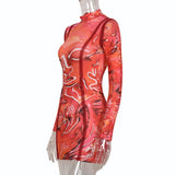 Homecoming Dresses Tight Autumn and Winter Printing See-through Stand-up Collar Long Sleeve Mid-Waist Stitching Hip Sexy Dress