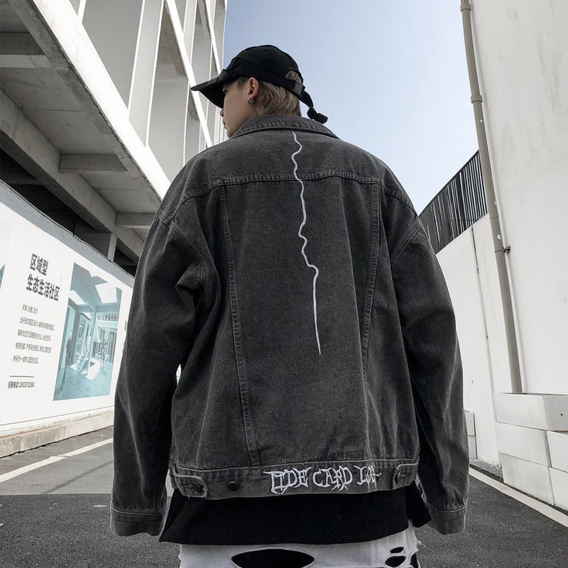 Men Denim Coat Jean Jackets Vintage Distressed Embroidered Denim Jacket Men's Loose Street Lapel Workwear Jacket
