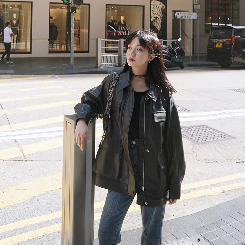 Cute Leather Jacket Autumn and Winter Leisure Leather Jacket Motorcycle Clothing Loose Small Leather Coat