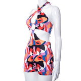 Spring Sleeveless Backless Sexy Bikini Printed Shorts Jumpsuit