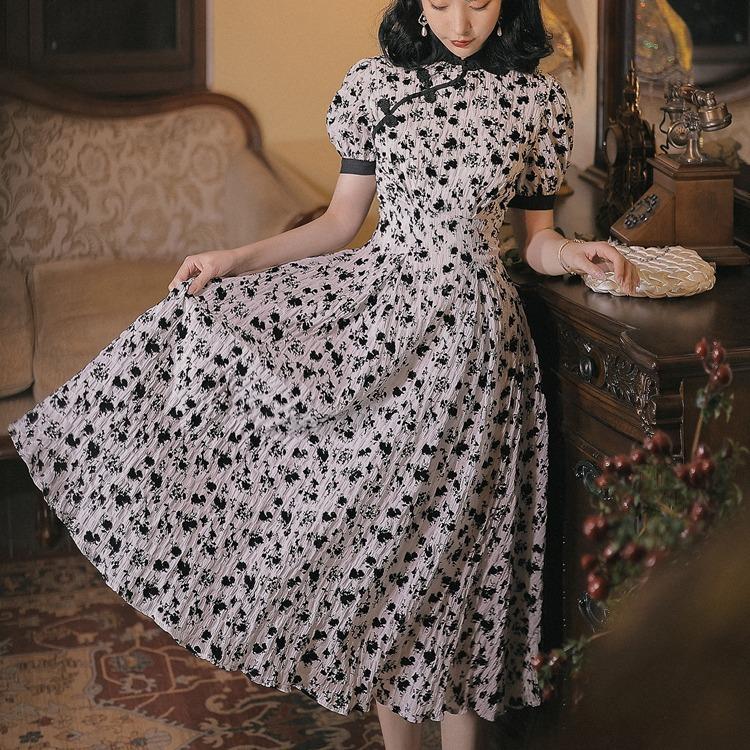 Women Cottagecore Dress French Retro Stand Collar Black and White Color Matching Cheongsam Summer