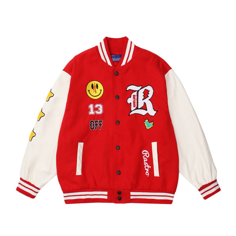 Red Varsity Jacket Vintage Smiling Face Embroidery Hip Hop Baseball Uniform PU Leather Sleeve Hip Hop Jacket