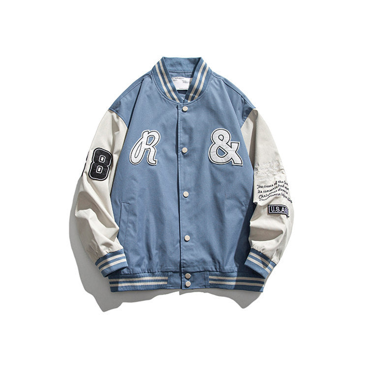 Baby Blue Varsity Jacket Fall Men's Jackets Stitching Printing Baseball Uniform