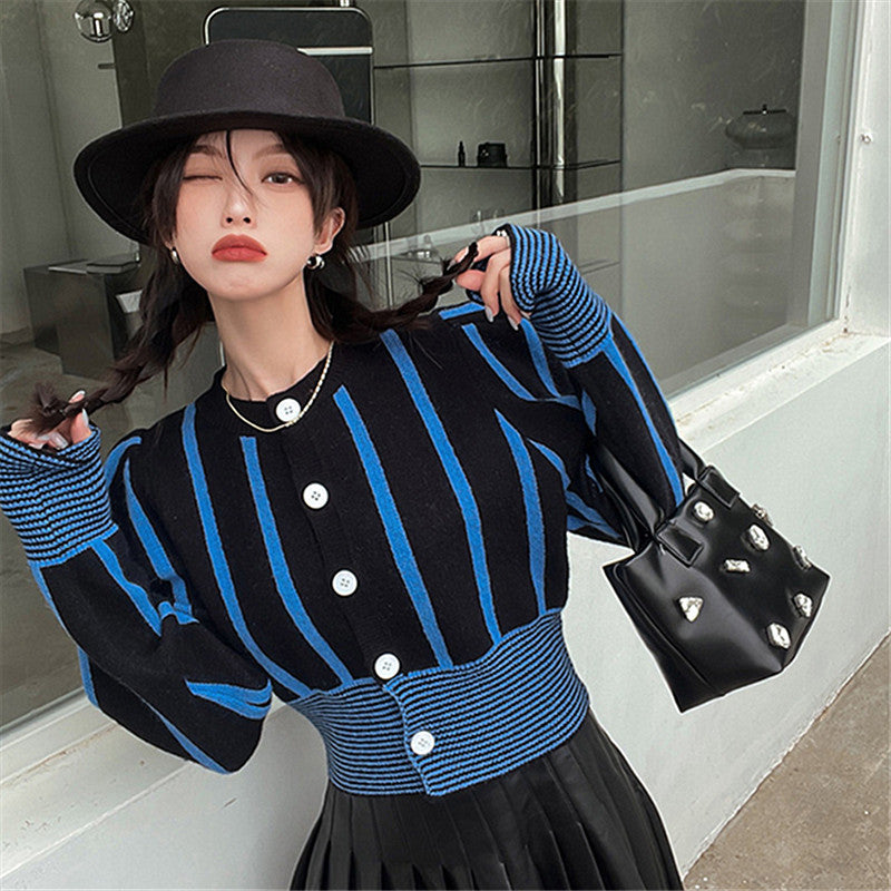 Preppy Aesthetic Sweater Spring Fashion round Neck Puff Sleeve Short Sweater Coat Knitted