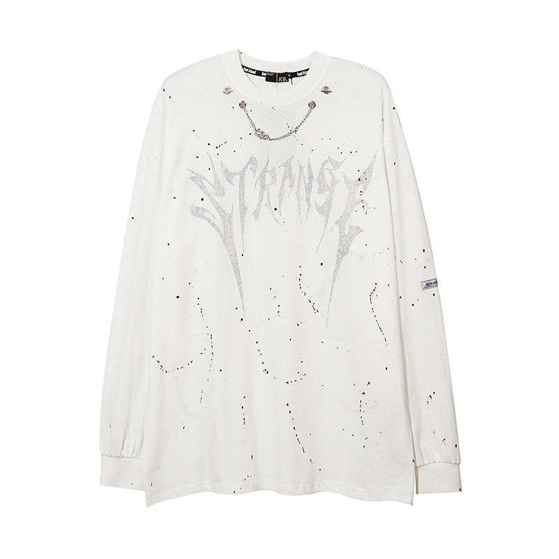 Mens Fall Outfits Autumn and Winter Letters Rhinestone High Street Bottoming Top Men's and Women's Loose Long-Sleeved T-shirt