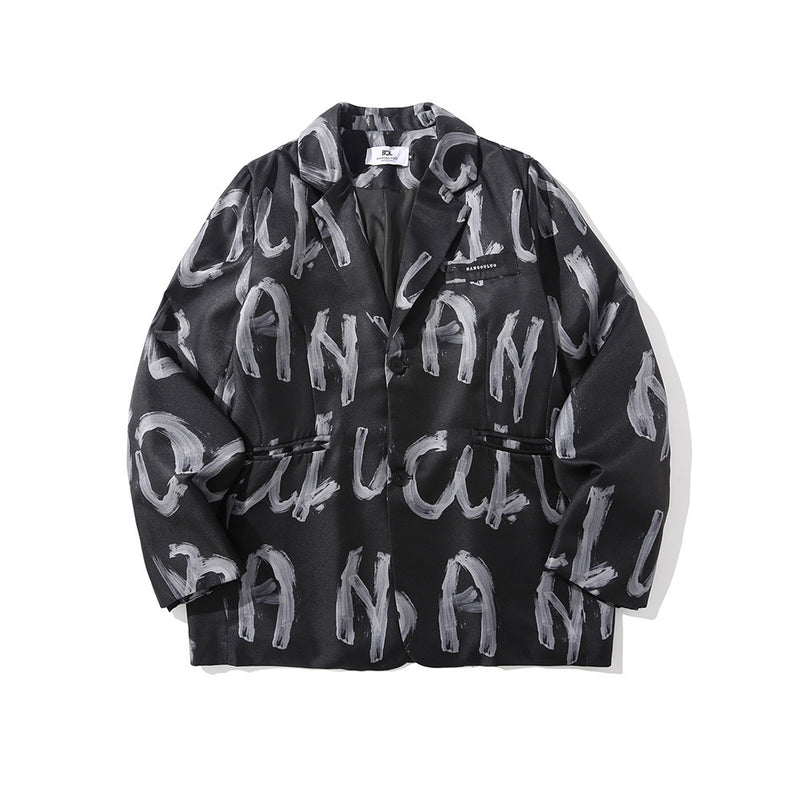 Men's Casual Suit Man Blzer Alphabet Graffiti Print Casual Suit Jacket Men's Loose Lapels Jacket Small Suit