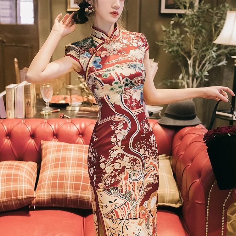 Women Retro Cottagecore Vintage Dress Square Collar Dres Short Sleeve Slimming Dress Cheongsam Vintage Dress Summer