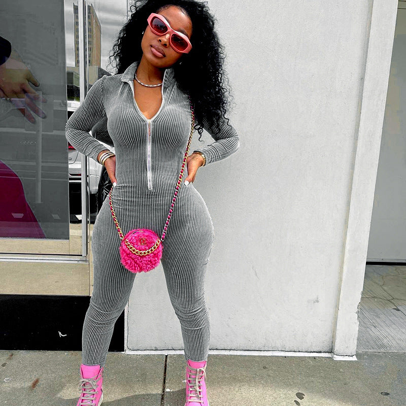 Autumn Solid Color Stand Collar Long Sleeve High Waist Slim Trousers Jumpsuit Women