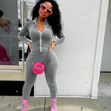 Autumn Solid Color Stand Collar Long Sleeve High Waist Slim Trousers Jumpsuit Women