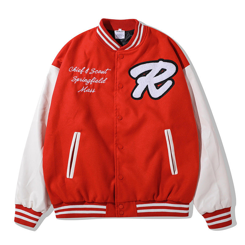 Mens Fall Outfits Color Matching Cartoon Flocking Embroidered Sports Baseball Uniform Men's Loose Casual Couple Coat