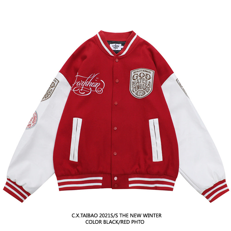 Red Varsity Jacket Men's Jacket Autumn and Winter Stand Collar Baseball Uniform Pilot Cardigan Youth