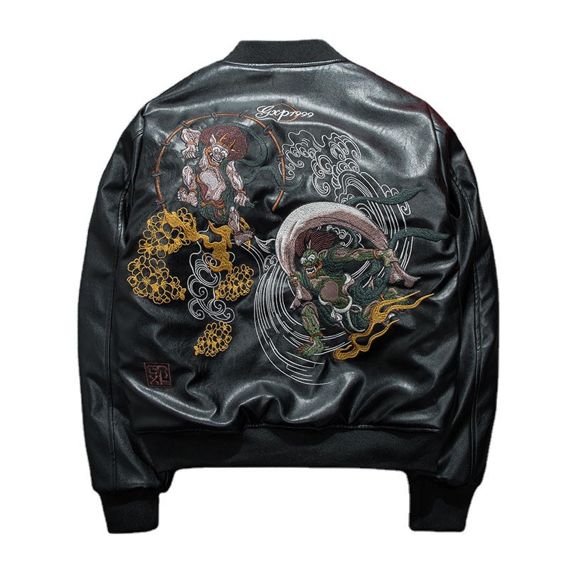 Graphic Leather Jacket Women's Spring and Autumn Air Force Flight Suit Leather Men's Baseball Collar PU Leather Harley Pilot Couple Jacket Jacket