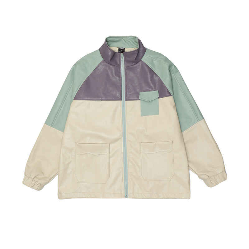 Beige Varsity Jacket Color Contrast Patchwork PU Leather Jacket Men's Color Stitching Stand-Collar Leather Jacket Baggy Coat