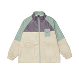 Beige Varsity Jacket Color Contrast Patchwork PU Leather Jacket Men's Color Stitching Stand-Collar Leather Jacket Baggy Coat