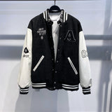 Black Varsity Jacket Racer Jacket Autumn and Winter Baseball Collar Jacket Fashion Racing Suit Coat Woolen Jacket