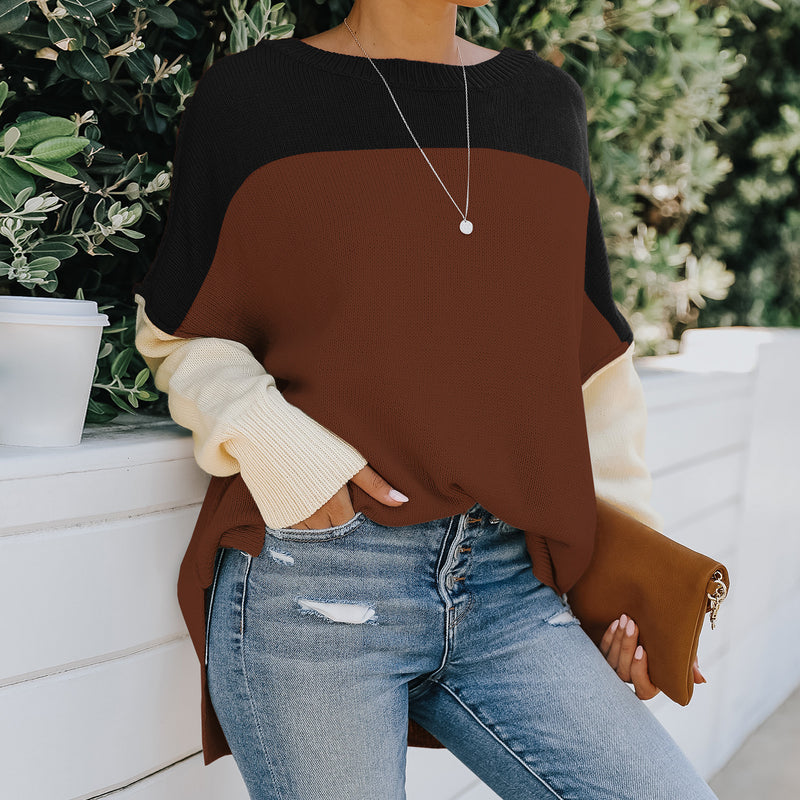 Women's Fall Outfits Knitwear Women's Autumn and Winter off-the-Shoulder Contrast Color Loose Sweater Women's