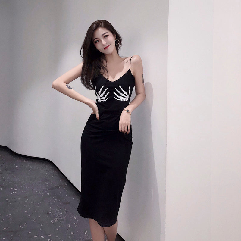 Skull Dress Summer Low-Cut V-neck Sexy Slimming Sheath Skull Hand Dress