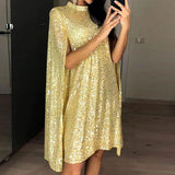 Bohemian Coachella Outfits Small Stand Collar Sequins Dress Loose