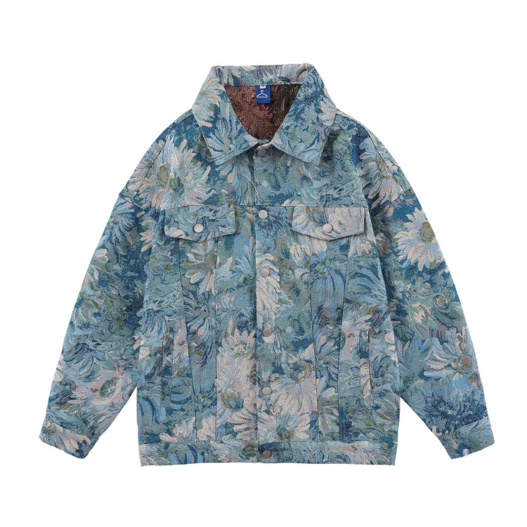 Paisley Denim Jacket Autumn Vintage Flower Oil Painting Jacket Men's Loose Casual