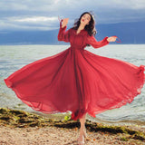 Bright Red Dress Retro Chiffon Seaside Holiday Long Dress Bohemia Retro Vintage Cottagecore Aesthetic Flowy Victoria Cottage Core Boho Dress