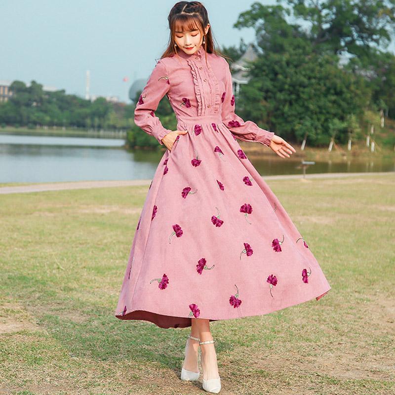 Vintage Embroidery Ruffled Corduroy cottagecore aesthetic dresses