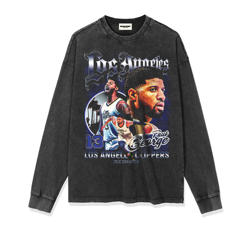 Paul George Shirt Paul George Printed Long-Sleeved T-shirt Loose Heavy Distressed Vintage